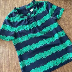 J Crew Navy Green Floral Ruffle Collar Top
